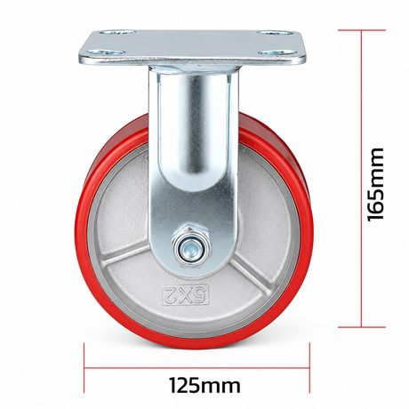 5 inch heavy duty fixed caster wheel with red PU iron core wheel, steel plate mount and 1500 lb load capacity