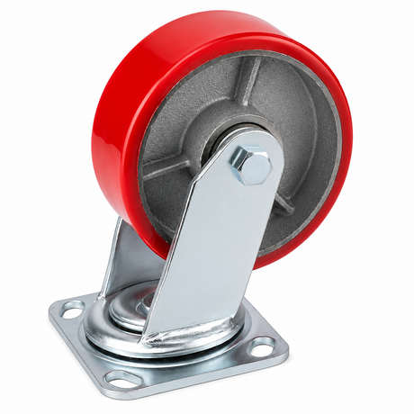 5 inch heavy duty swivel caster wheel with red PU iron core wheel, steel plate mount and brake or no-brake options