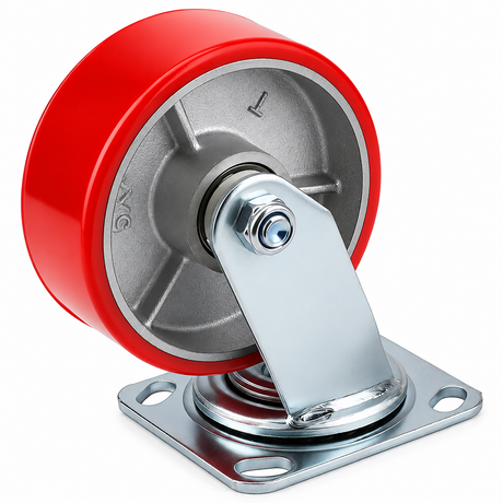 5 inch heavy duty swivel caster wheel with red PU iron core wheel, steel plate mount and brake or no-brake options