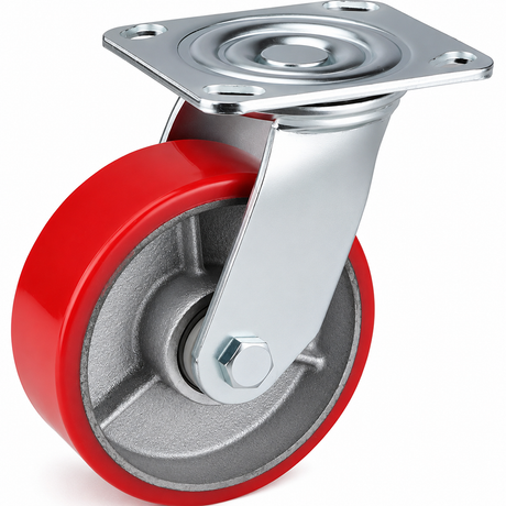 5 inch heavy duty swivel caster wheel with red PU iron core wheel, steel plate mount and brake or no-brake options