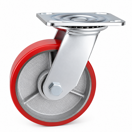 5 inch heavy duty swivel caster wheel with red PU iron core wheel, steel plate mount and brake or no-brake options