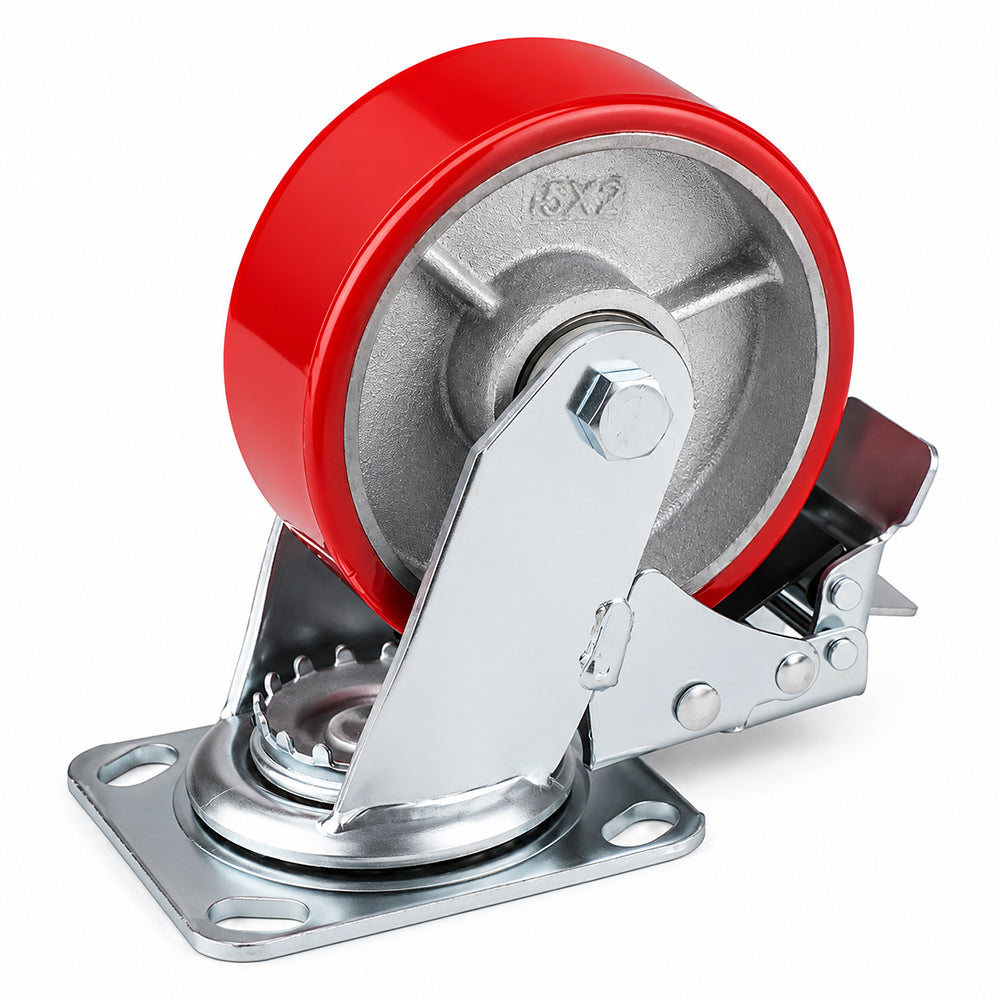 5 inch heavy duty swivel caster wheel with red PU iron core wheel, steel plate mount and brake or no-brake options