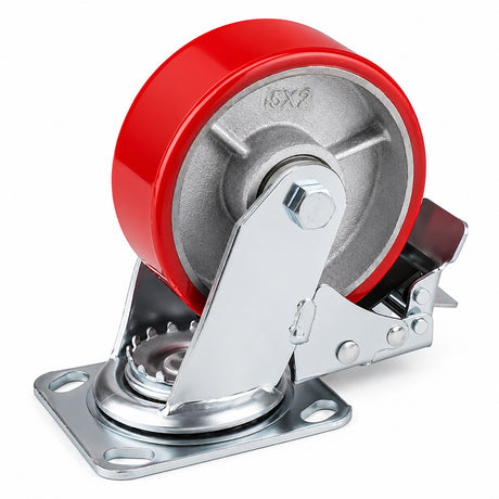 5 inch heavy duty swivel caster wheel with red PU iron core wheel, steel plate mount and brake or no-brake options