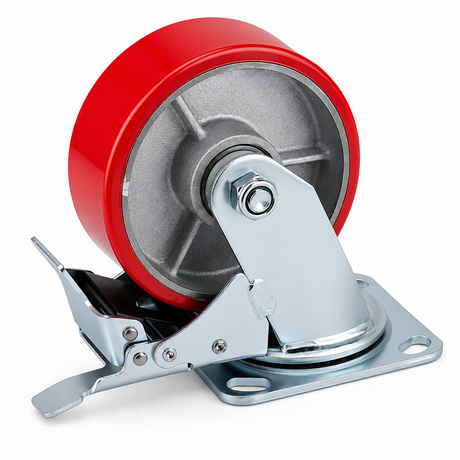 5 inch heavy duty swivel caster wheel with red PU iron core wheel, steel plate mount and brake or no-brake options