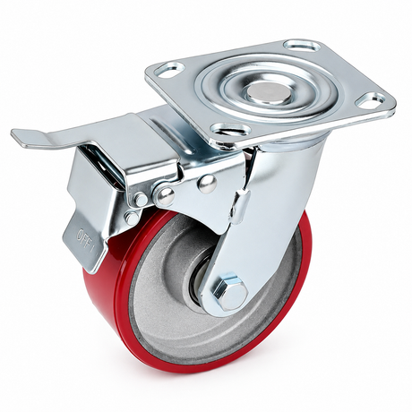 5 inch heavy duty swivel caster wheel with red PU iron core wheel, steel plate mount and brake or no-brake options