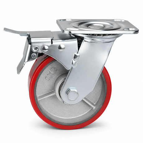 5 inch heavy duty swivel caster wheel with red PU iron core wheel, steel plate mount and brake or no-brake options