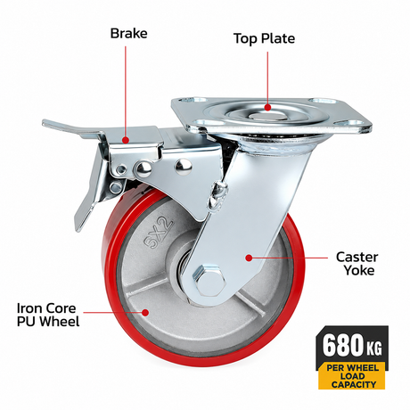 5 inch heavy duty swivel caster wheel with red PU iron core wheel, steel plate mount and brake or no-brake options