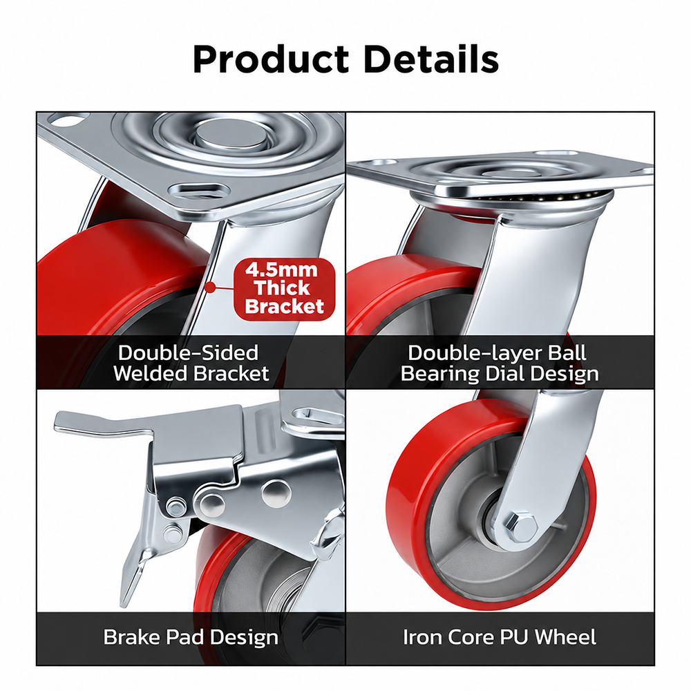5 inch heavy duty swivel caster wheel with red PU iron core wheel, steel plate mount and brake or no-brake options