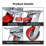 5 inch heavy duty swivel caster wheel with red PU iron core wheel, steel plate mount and brake or no-brake options
