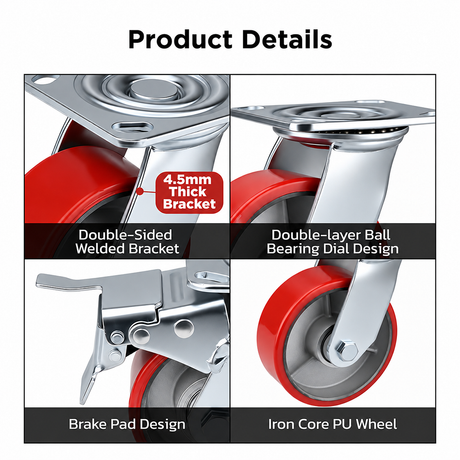 5 inch heavy duty swivel caster wheel with red PU iron core wheel, steel plate mount and brake or no-brake options