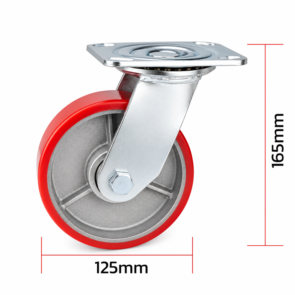 5 inch heavy duty swivel caster wheel with red PU iron core wheel, steel plate mount and brake or no-brake options
