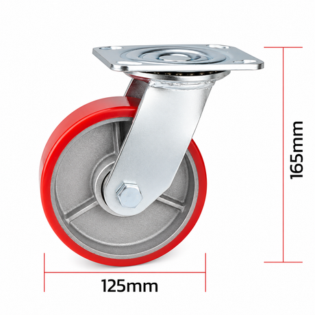 5 inch heavy duty swivel caster wheel with red PU iron core wheel, steel plate mount and brake or no-brake options