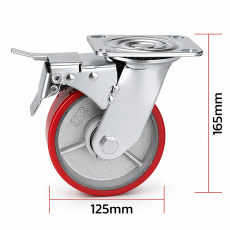 5 inch heavy duty swivel caster wheel with red PU iron core wheel, steel plate mount and brake or no-brake options