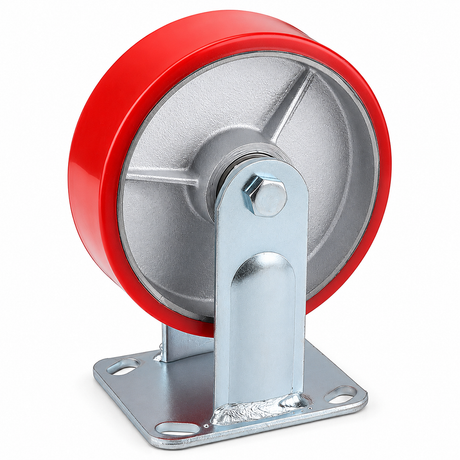 6 inch heavy duty fixed caster wheel with red PU iron core wheel, steel plate mount and 1720 lb load capacity
