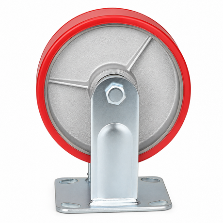 6 inch heavy duty fixed caster wheel with red PU iron core wheel, steel plate mount and 1720 lb load capacity