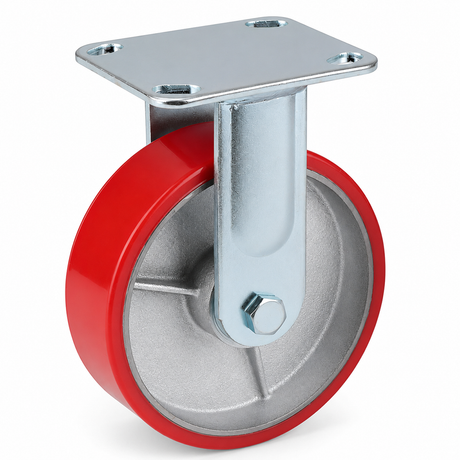 6 inch heavy duty fixed caster wheel with red PU iron core wheel, steel plate mount and 1720 lb load capacity