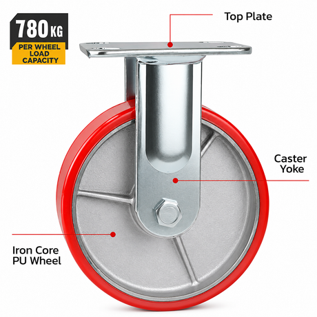 6 inch heavy duty fixed caster wheel with red PU iron core wheel, steel plate mount and 1720 lb load capacity