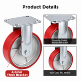 6 inch heavy duty fixed caster wheel with red PU iron core wheel, steel plate mount and 1720 lb load capacity