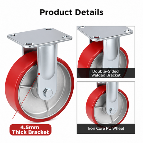 6 inch heavy duty fixed caster wheel with red PU iron core wheel, steel plate mount and 1720 lb load capacity