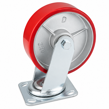 6 inch heavy duty swivel caster wheel with red PU iron core wheel, steel plate mount and brake or no-brake options