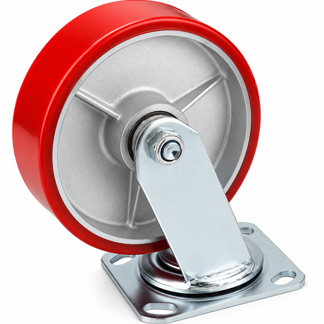6 inch heavy duty swivel caster wheel with red PU iron core wheel, steel plate mount and brake or no-brake options