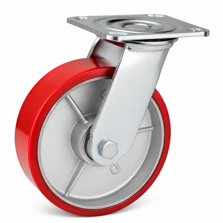 6 inch heavy duty swivel caster wheel with red PU iron core wheel, steel plate mount and brake or no-brake options