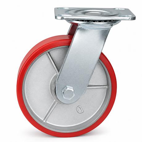 6 inch heavy duty swivel caster wheel with red PU iron core wheel, steel plate mount and brake or no-brake options