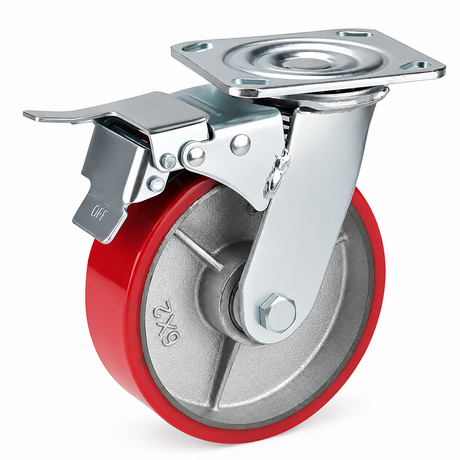 6 inch heavy duty swivel caster wheel with red PU iron core wheel, steel plate mount and brake or no-brake options
