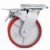 6 inch heavy duty swivel caster wheel with red PU iron core wheel, steel plate mount and brake or no-brake options