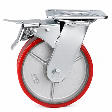 6 inch heavy duty swivel caster wheel with red PU iron core wheel, steel plate mount and brake or no-brake options