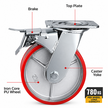 6 inch heavy duty swivel caster wheel with red PU iron core wheel, steel plate mount and brake or no-brake options