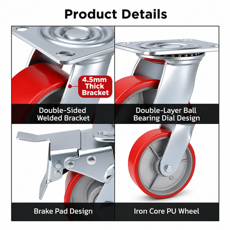 6 inch heavy duty swivel caster wheel with red PU iron core wheel, steel plate mount and brake or no-brake options