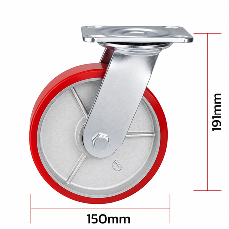 6 inch heavy duty swivel caster wheel with red PU iron core wheel, steel plate mount and brake or no-brake options