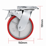 6 inch heavy duty swivel caster wheel with red PU iron core wheel, steel plate mount and brake or no-brake options