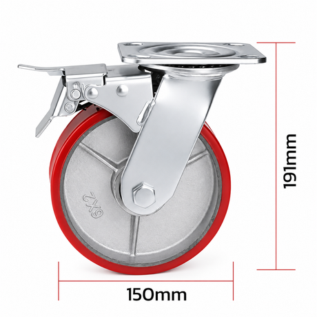 6 inch heavy duty swivel caster wheel with red PU iron core wheel, steel plate mount and brake or no-brake options