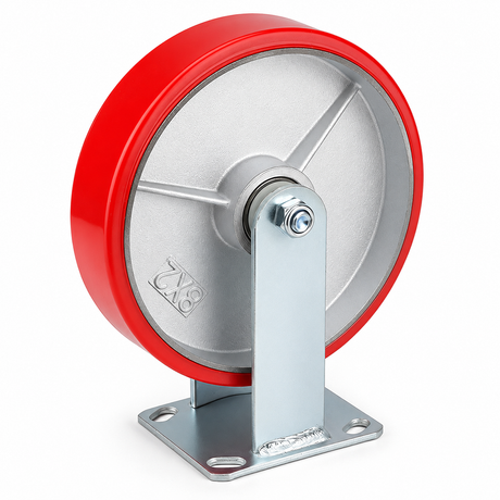8 inch heavy duty fixed caster wheel with red PU iron core wheel, steel plate mount and 1720 lb load capacity
