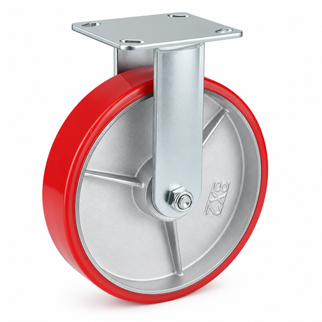 8 inch heavy duty fixed caster wheel with red PU iron core wheel, steel plate mount and 1720 lb load capacity