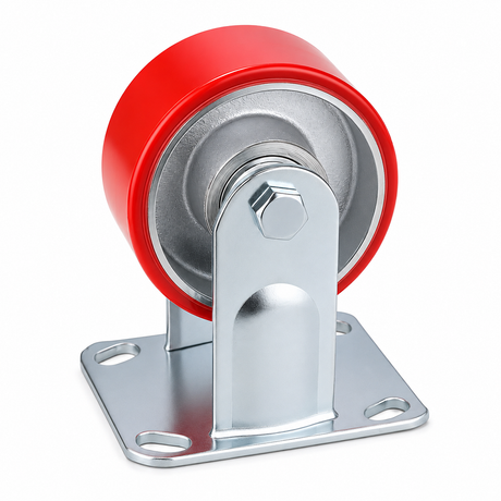 4 inch heavy duty fixed caster wheel with red PU iron core wheel, steel plate mount and 1500 lb per wheel load capacity