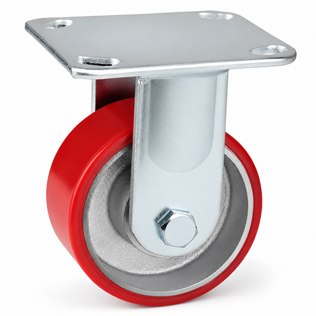 4 inch heavy duty fixed caster wheel with red PU iron core wheel, steel plate mount and 1500 lb per wheel load capacity