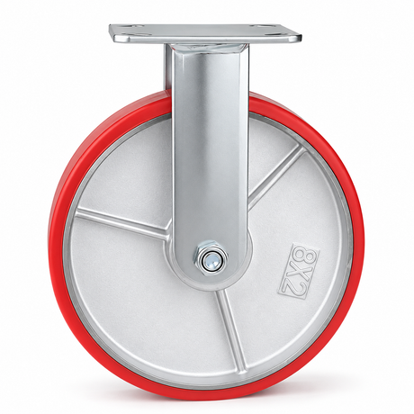 8 inch heavy duty fixed caster wheel with red PU iron core wheel, steel plate mount and 1720 lb load capacity