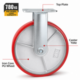 8 inch heavy duty fixed caster wheel with red PU iron core wheel, steel plate mount and 1720 lb load capacity