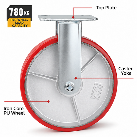8 inch heavy duty fixed caster wheel with red PU iron core wheel, steel plate mount and 1720 lb load capacity