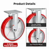 8 inch heavy duty fixed caster wheel with red PU iron core wheel, steel plate mount and 1720 lb load capacity