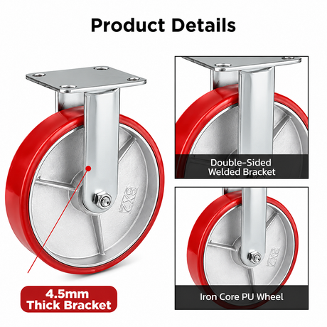 8 inch heavy duty fixed caster wheel with red PU iron core wheel, steel plate mount and 1720 lb load capacity