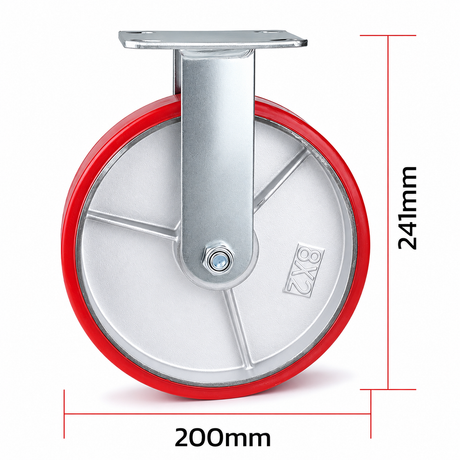 8 inch heavy duty fixed caster wheel with red PU iron core wheel, steel plate mount and 1720 lb load capacity