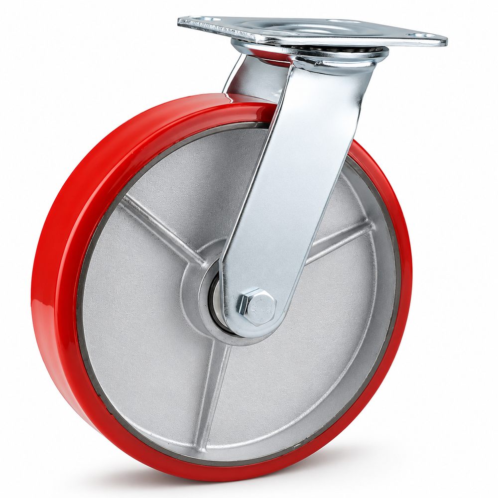 8 inch heavy duty swivel caster wheel with red PU iron core wheel, steel plate mount and brake or no-brake options