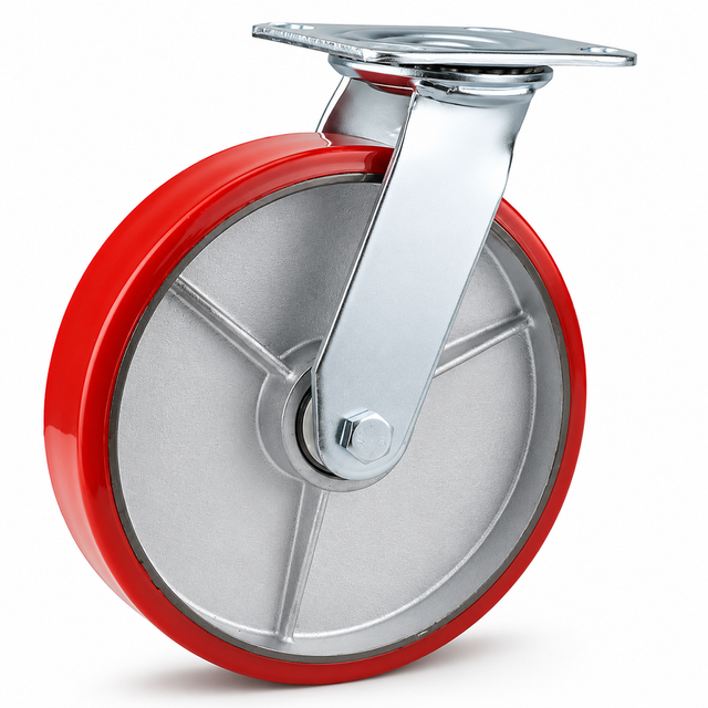 8 inch heavy duty swivel caster wheel with red PU iron core wheel, steel plate mount and brake or no-brake options
