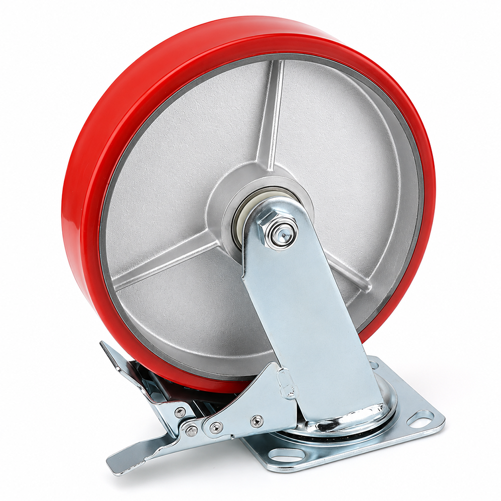 8 inch heavy duty swivel caster wheel with red PU iron core wheel, steel plate mount and brake or no-brake options