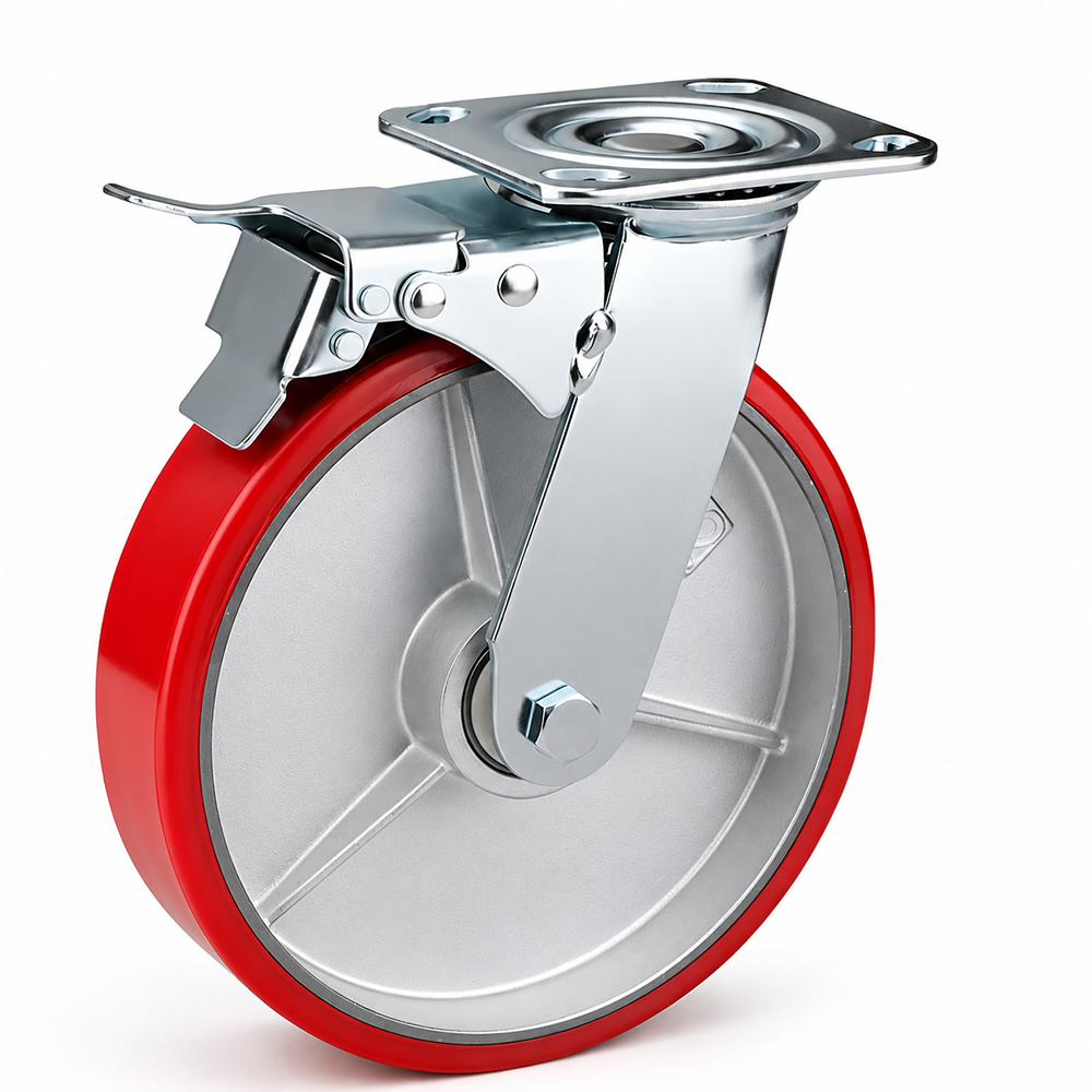 8 inch heavy duty swivel caster wheel with red PU iron core wheel, steel plate mount and brake or no-brake options