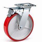 8 inch heavy duty swivel caster wheel with red PU iron core wheel, steel plate mount and brake or no-brake options